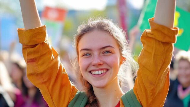 Happy young woman cheering with arms raised at outdoor music festival