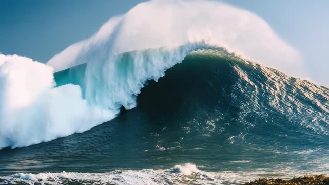 Massive Turquoise Ocean Wave Breaking with White Foam