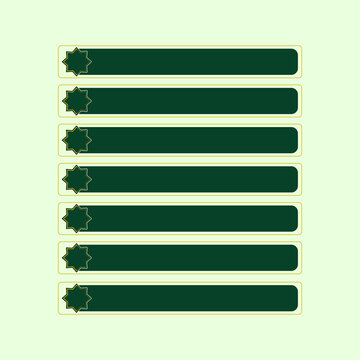 A set of dark green Islamic text banner labels with gold border accents and star motifs, isolated as a transparent illustration. Ideal for Ramadan, Eid Mubarak, and Islamic design templates.