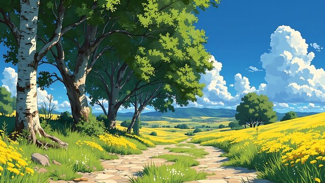 Stunning anime style landscape featuring a rustic stone path leading through vibrant yellow flower fields under a bright blue cloudy sky