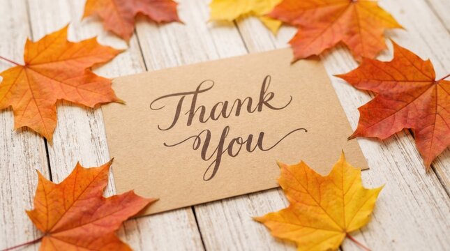 Thank you note written on paper surrounded by colorful autumn leaves
