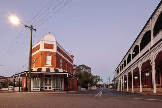 York, Western Australia, Australia - August 1 2026: Historic 1904 Sargent's Pharmacy building in at blue hour. Built in Federation Free style. Avon Valley, Wheatbelt region. Travel and tourism