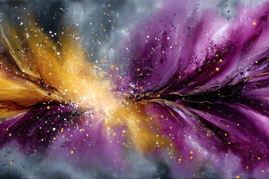 Abstract cosmic explosion with purple, gold, and white splashes