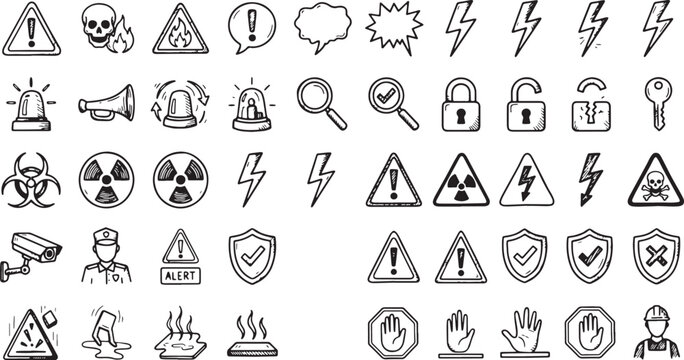 Doodle set of security and safety warning signs, hand drawn vector icons, black outline illustration for danger and protection concept.