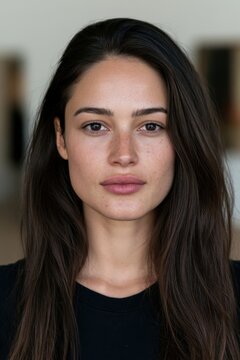 Natural beauty portrait of young woman with long dark hair and freckles looking at camera with neutral expression