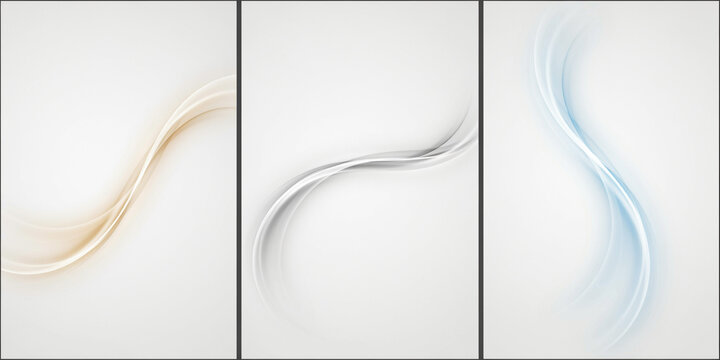 Three vertical panels featuring abstract flowing light waves in gold, silver, and soft blue