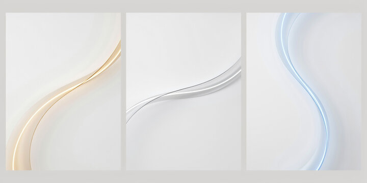 Three vertical panels featuring abstract flowing light waves in gold, silver, and soft blue