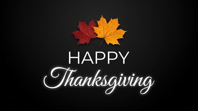 Happy thanksgiving greeting card design with colorful maple leaves on black background