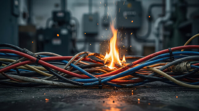 Industrial electrical safety concept with tangled power cables catching fire and producing sparks, highlighting hazardous wiring, short circuit failure, fire prevention and safe maintenance.
