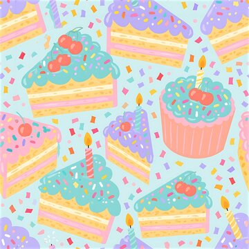 Colorful birthday cake and cupcake seamless pattern design