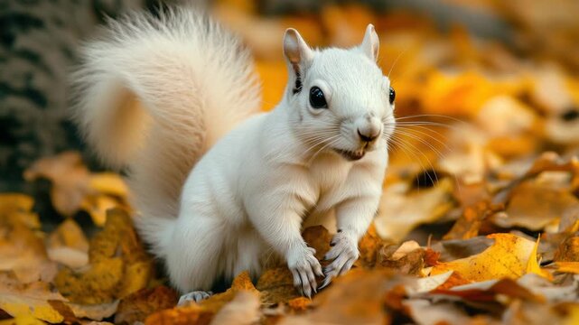 White Squirrel Standing Among Autumn Leaves