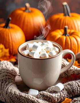 Cozy Autumn Scene with Steaming Hot Chocolate and Pumpkins