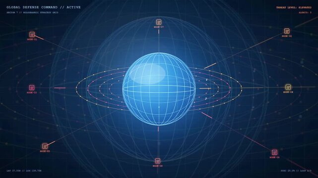 Futuristic Digital Globe with Holographic Interface and Global Defense Command Data Visualization on Blue Background
