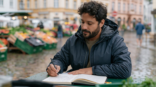 A copywriter stares at a spiral notebook propped on a wet market stall surface, rain glistening on cobblestones around overturned crates of produce, the aftermath of a morning