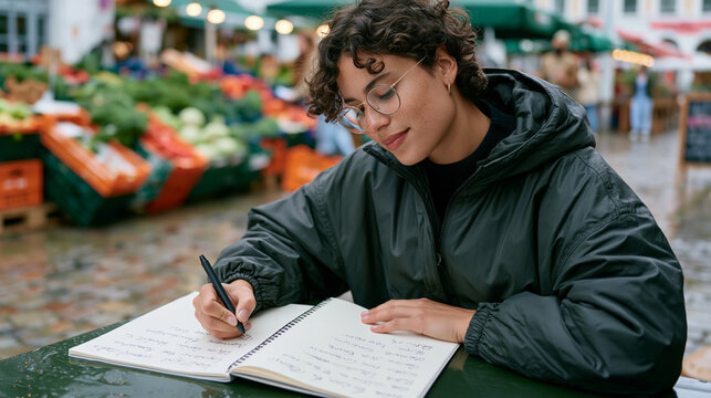 A copywriter stares at a spiral notebook propped on a wet market stall surface, rain glistening on cobblestones around overturned crates of produce, the aftermath of a morning