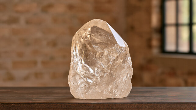 Single raw crystal specimen on dark industrial workshop shelf, crystal therapy product detail shot with watercolor wash effect from dusty skylight above, solitary healing stone
