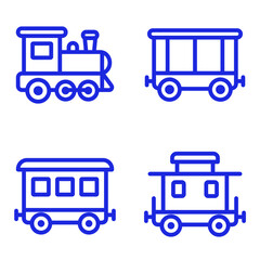Naklejka premium Blue line art toy train with locomotive and four cars on wheels.