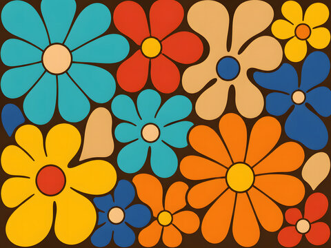 Retro 1970s floral pattern with colorful flowers