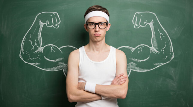 Nerdy man posing with drawn muscles on chalkboard