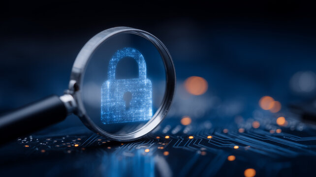 A magnifying glass focused on a digital padlock over a circuit board represents cybersecurity analysis and secure information protection.
