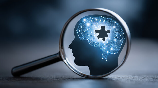 A magnifying glass focused on a human head with a missing puzzle piece represents cognitive assessment and mental health analysis.
