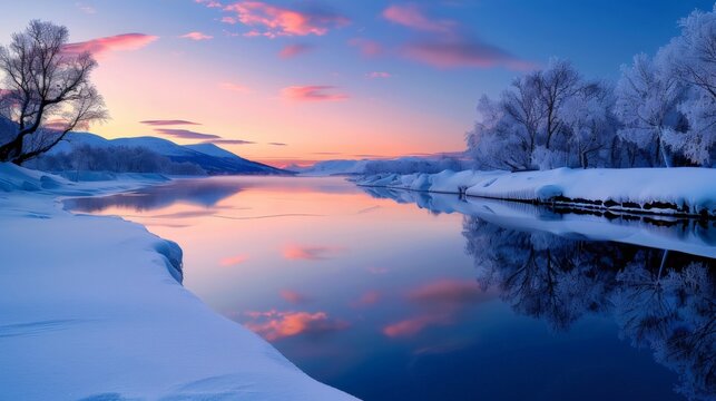 Winter wonderland landscape with frozen river reflecting sunset colors