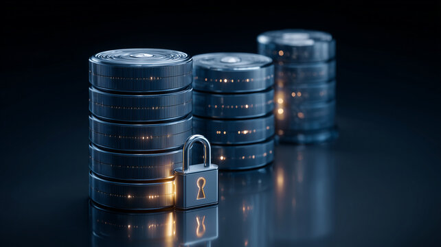 Stacked data storage disks beside a padlock represent database security and protected information management.
