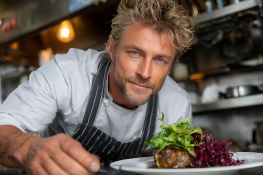 Chef man plating meal in restaurant kitchen