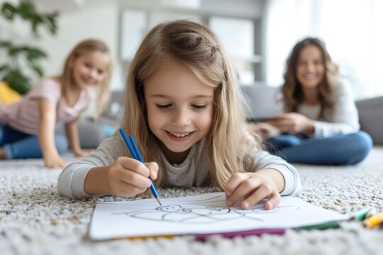 Little girl happily drawing while family relaxing at home