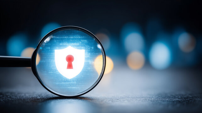 A magnifying glass focused on a shield with a keyhole over binary code representing cybersecurity protection and secure digital access.
