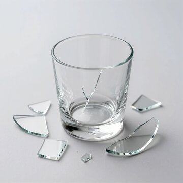 Broken glass cup with sharp shards on white background, cracked drinking glass, shattered transparent glassware for concept of failure