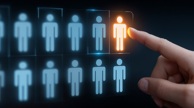 A hand selecting a person from a digital candidate grid representing recruitment and professional talent selection.
