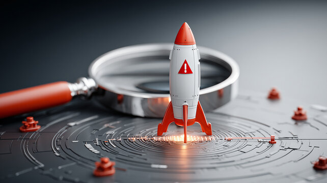 A rocket marked with a warning symbol beside a magnifying glass representing startup risk assessment and potential launch failure.
