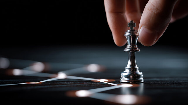 A hand moving a chess king across connected nodes represents strategic leadership and critical business decision making.
