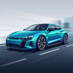 Naklejka premium Vibrant turquoise electric sports car speeding on futuristic highway at dusk.