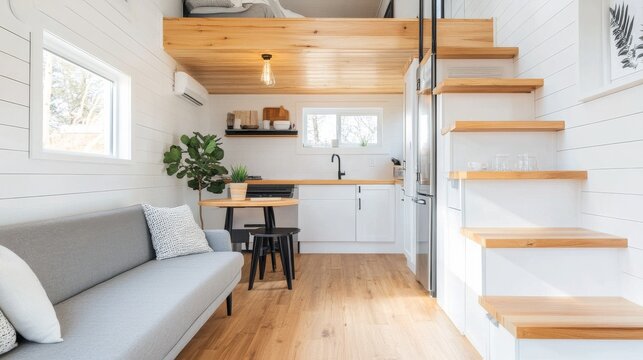 Wooden Laminate Floor Tiny House Living Area Wooden Lamina, digital innovation, artificial intelligence and connected business technology