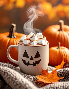 Cozy Halloween Hot Chocolate with Marshmallows and Pumpkins