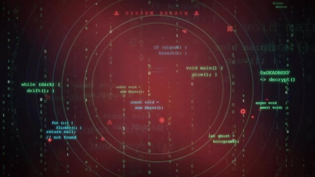 Abstract Digital Cyber Security Background with Red Glowing Circles and Scrolling Computer Code Data