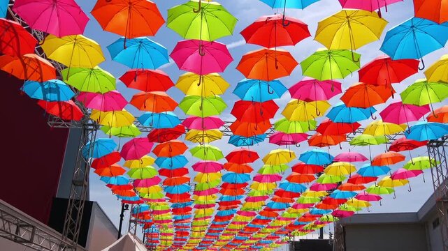 青空に揺れるカラフルな傘たちのティルトショット  4K