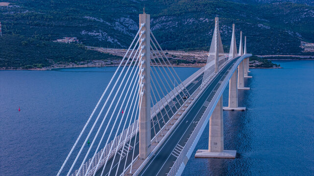 Peljesac Bridge over Adriatic Sea at sunset