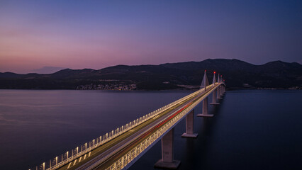 Fototapeta premium Peljesac Bridge over Adriatic Sea at blue hour