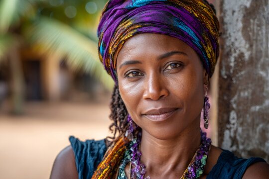 African woman wearing traditional headscarf and colorful jewelry