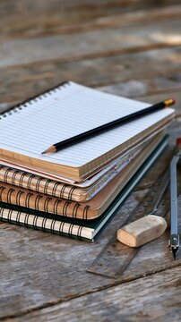 Stack of school notebooks with pencil, ruler and compass
