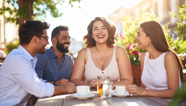 Happy Endomorph Friend Group Socializing Outdoors at a Sunny Cafe Table