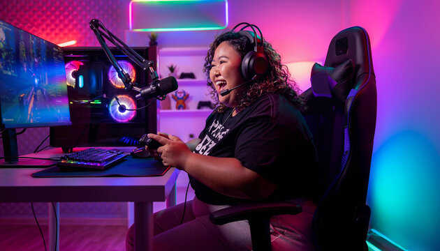 Curvy woman with headset intensely playing video games in neon-lit gaming setup