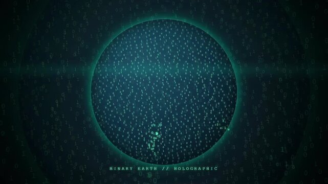 Digital holographic globe with binary code data streams and red glowing network connection points