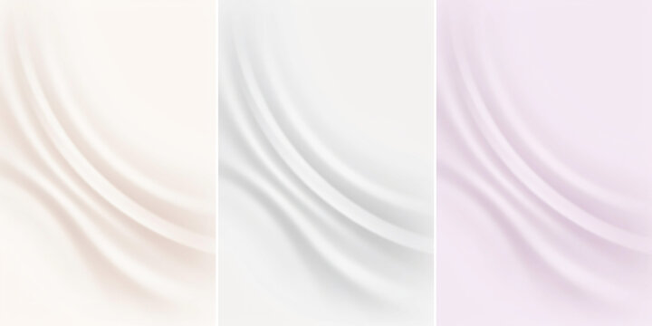 Three vertical panels featuring soft pastel wavy silk fabric textures in beige, gray, and