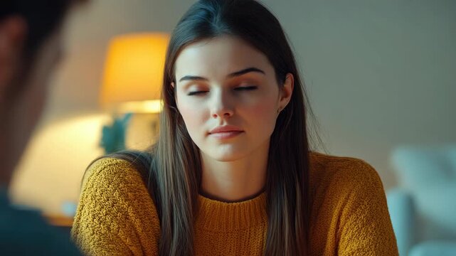 Portrait of a Young Woman in a Yellow Knit Sweater Listening Attentively