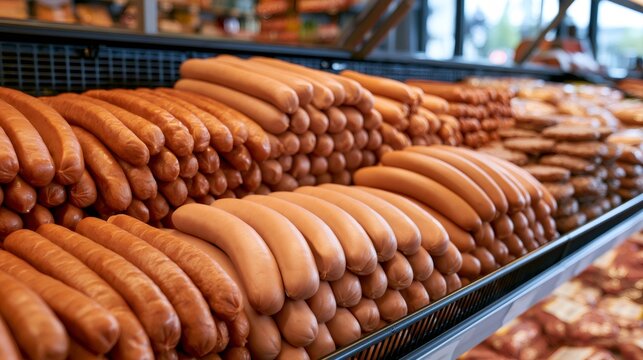 Fresh frankfurter sausages and meat products in a supermarket display