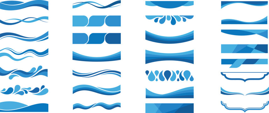 Collection of abstract blue water wave design elements and decorative borders for graphic design and web backgrounds